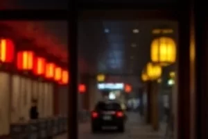 《白夜巡警》剧照：深夜街头巡逻的警灯映在雨幕上
